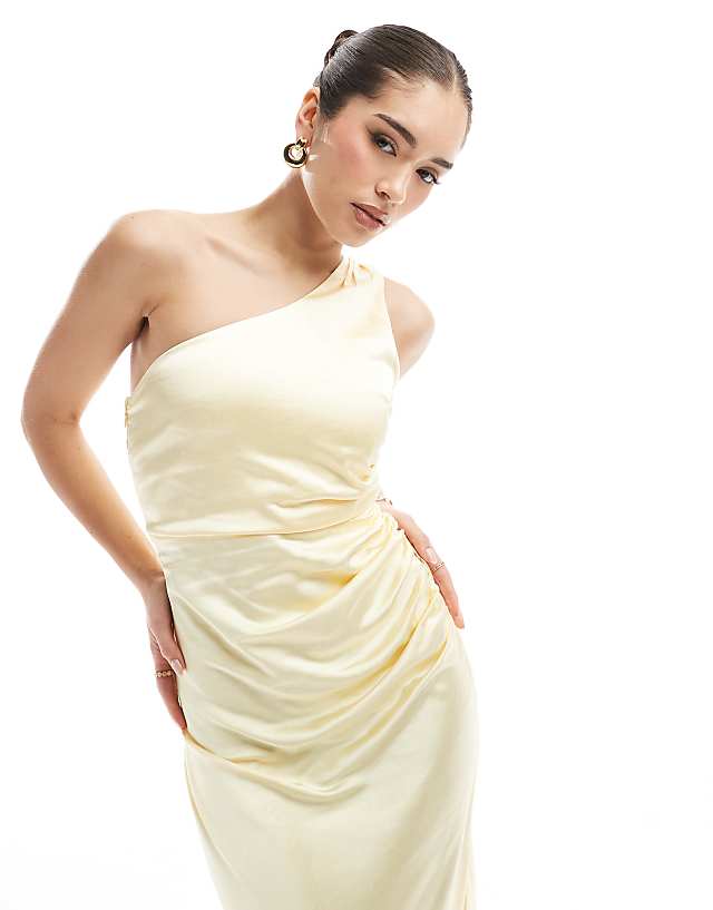 Asos Six Stories Bridesmaid One Shoulder Satin Maxi Dress In Lemon