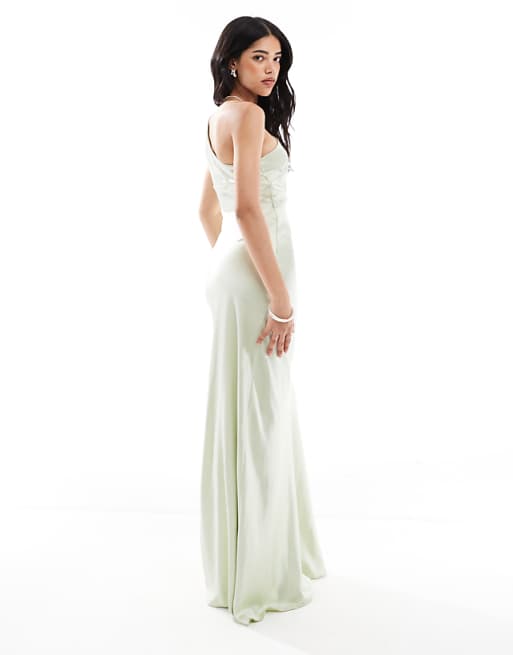 Asos Six Stories Bridesmaid One Shoulder Satin Maxi Dress In Mint Green