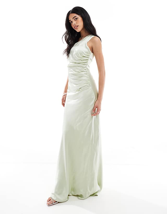 asos Six Stories Bridesmaid one shoulder satin maxi dress in mint green