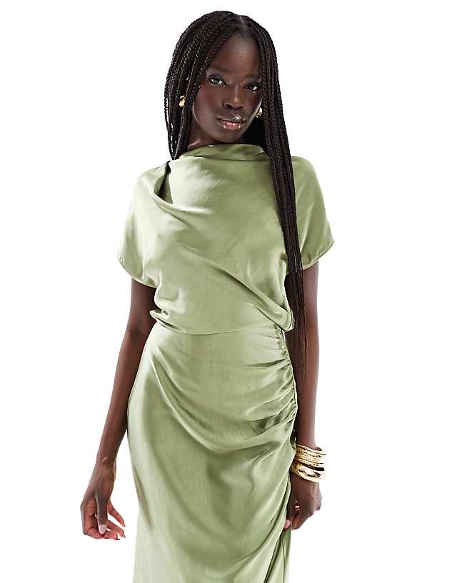 Asos Six Stories Bridesmaid Ruched Drape Satin Maxi Dress In Moss Green