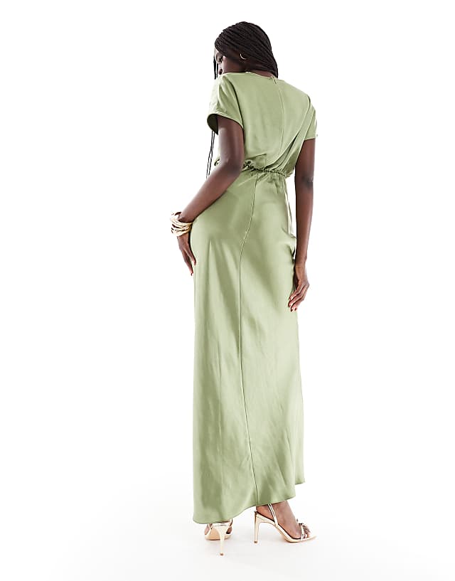 Asos Six Stories Bridesmaid Ruched Drape Satin Maxi Dress In Moss Green