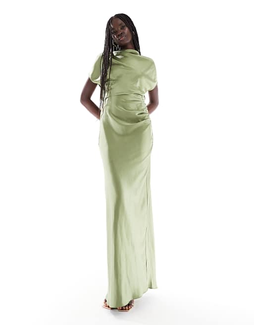 asos Six Stories Bridesmaid ruched drape satin maxi dress in moss green
