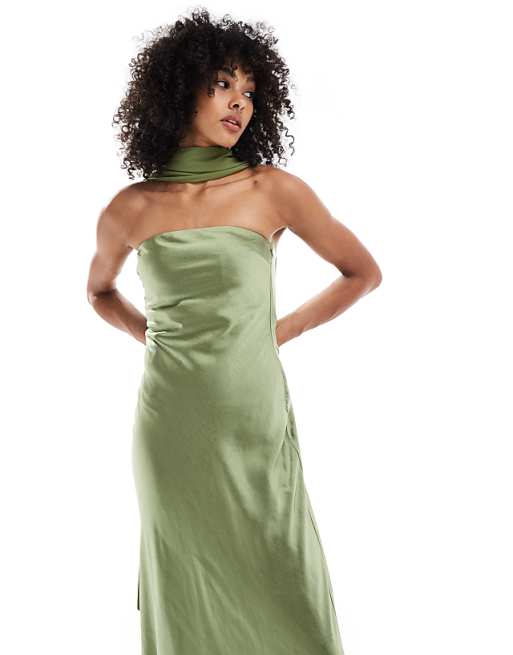 Asos Six Stories Bridesmaid Satin Maxi Dress With Chiffon Neck Scarf In Moss Green