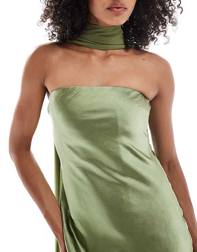 Asos Six Stories Bridesmaid Satin Maxi Dress With Chiffon Neck Scarf In Moss Green
