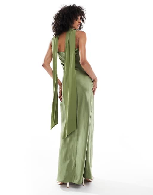 Asos Six Stories Bridesmaid Satin Maxi Dress With Chiffon Neck Scarf In Moss Green