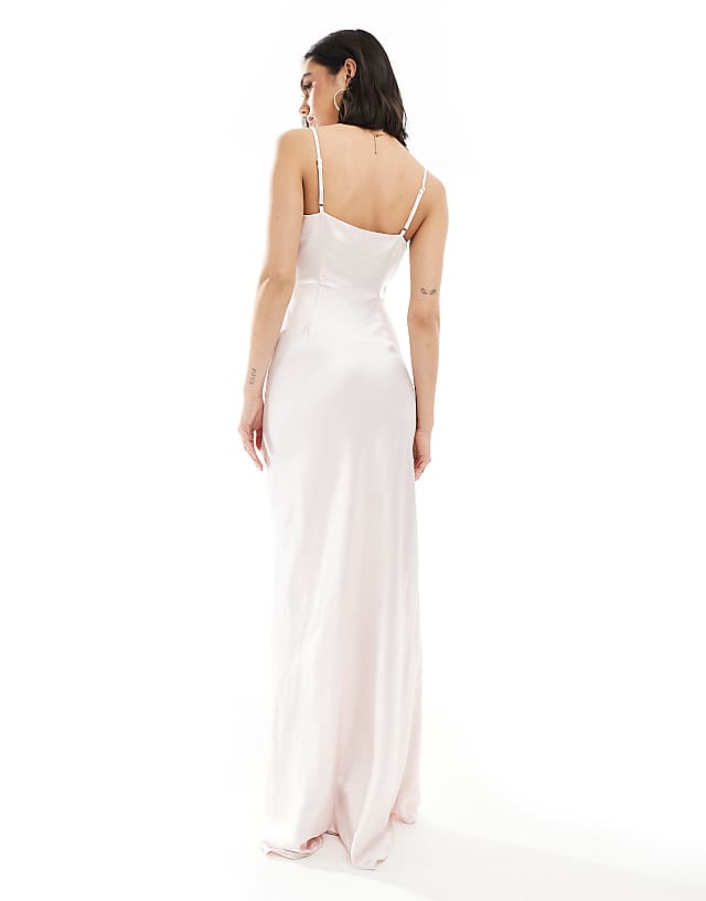 Asos Six Stories Bridesmaid Satin Ruched Cami Maxi Dress In Powder Pink