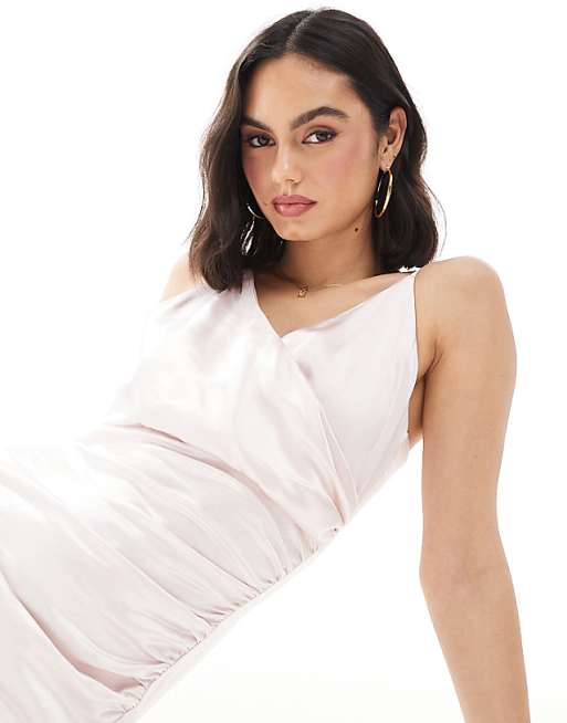 Asos Six Stories Bridesmaid Satin Ruched Cami Maxi Dress In Powder Pink
