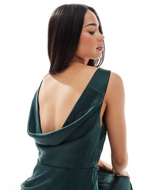 Asos Six Stories Bridesmaids Cowl Back Satin Maxi Dress In Emerald