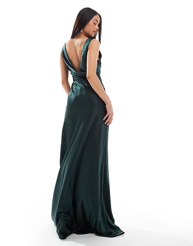 Asos Six Stories Bridesmaids Cowl Back Satin Maxi Dress In Emerald