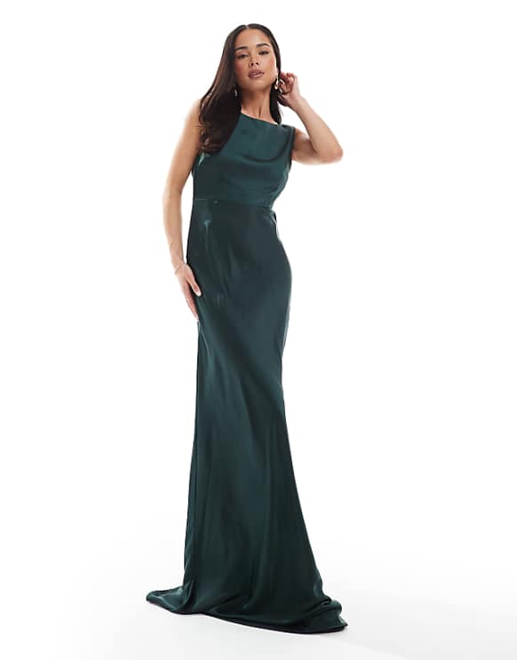 asos Six Stories Bridesmaids cowl back satin maxi dress in emerald