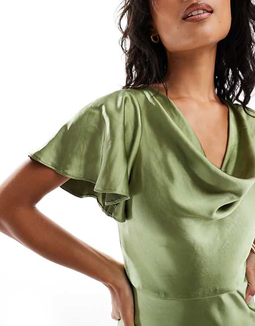 Asos Six Stories Bridesmaids Flutter Sleeve Satin Maxi Dress In Moss Green