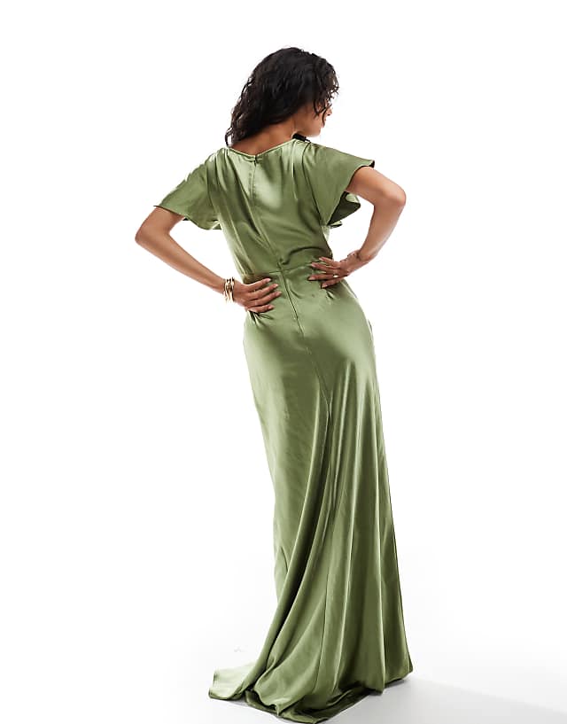 Asos Six Stories Bridesmaids Flutter Sleeve Satin Maxi Dress In Moss Green