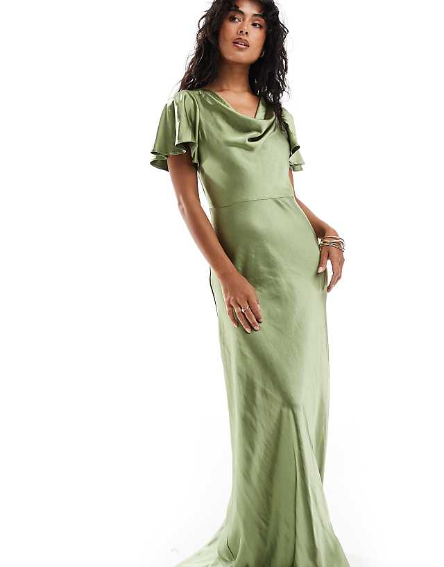 Asos Six Stories Bridesmaids Flutter Sleeve Satin Maxi Dress In Moss Green