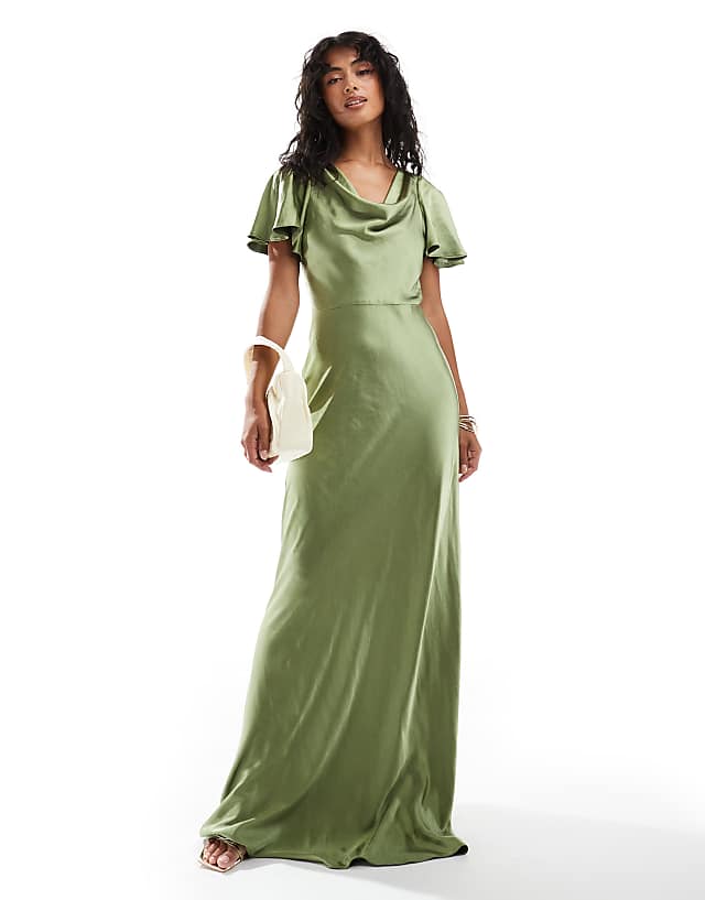 asos Six Stories Bridesmaids flutter sleeve satin maxi dress in moss green