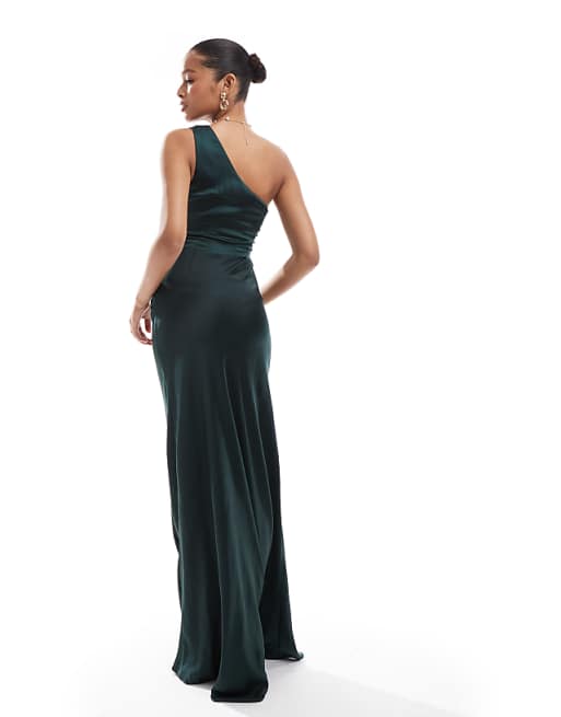 Asos Six Stories Bridesmaids One Shoulder Satin Maxi Dress In Emerald