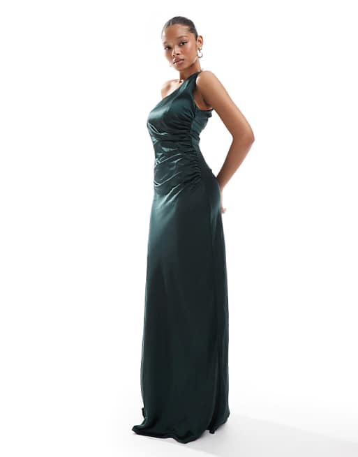 Asos Six Stories Bridesmaids One Shoulder Satin Maxi Dress In Emerald