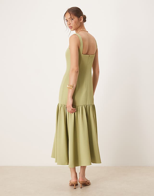 Asos Six Stories Drop Hem Midaxi Dress In Sage Olive