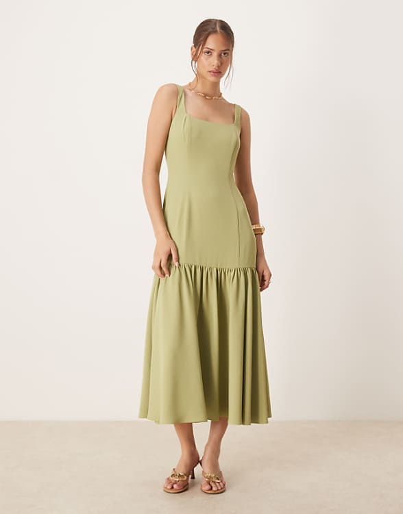 asos Six Stories drop hem midaxi dress in sage olive