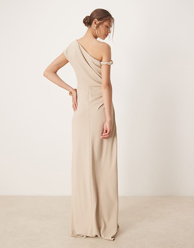 Asos Six Stories Exclusive Asymmetric Off Shoulder Maxi Dress In Stone