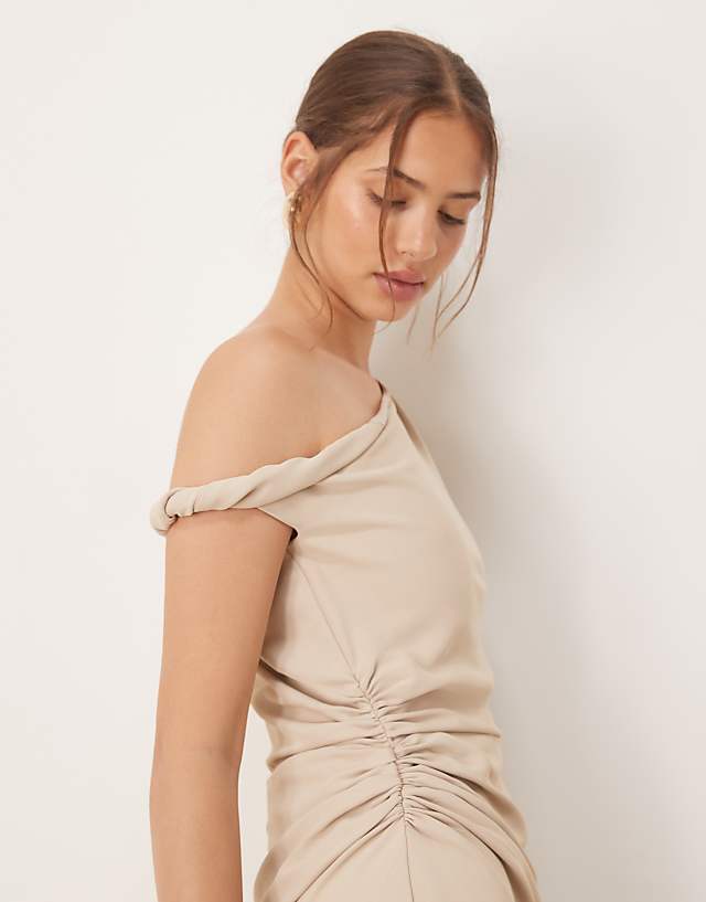 Asos Six Stories Exclusive Asymmetric Off Shoulder Maxi Dress In Stone