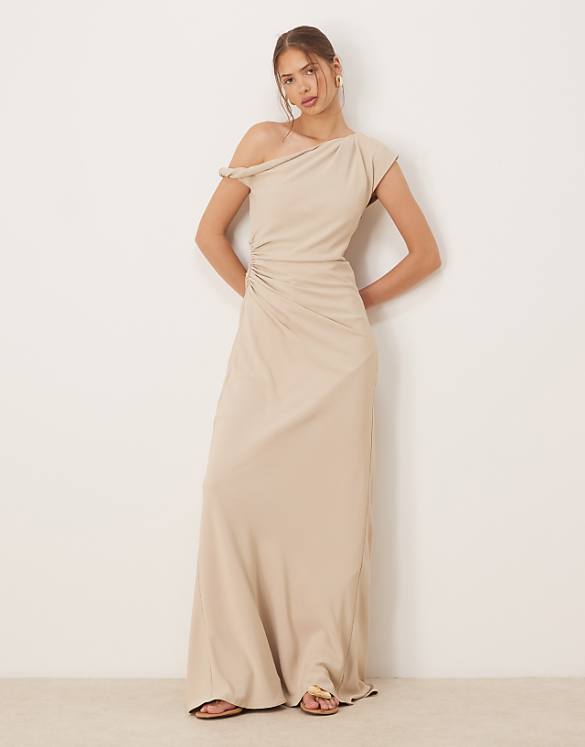 asos Six Stories exclusive asymmetric off shoulder maxi dress in stone