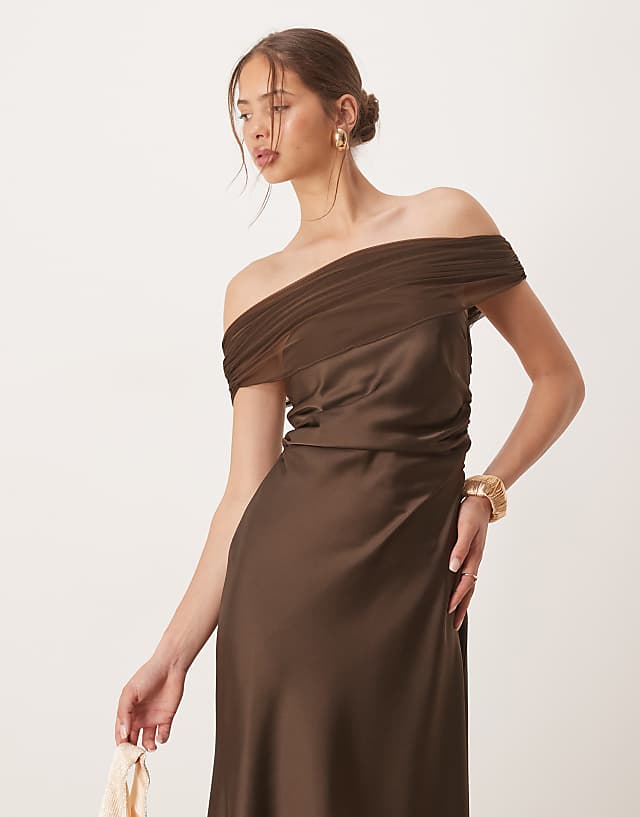 Asos Six Stories Off Shoulder Mesh Satin Midaxi Dress In Chocolate