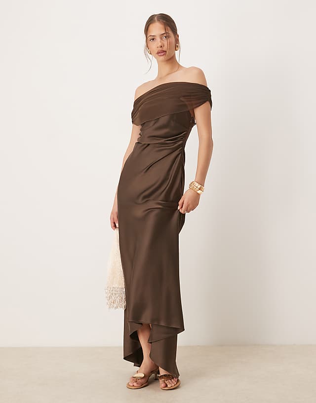 asos Six Stories off shoulder mesh satin midaxi dress in chocolate