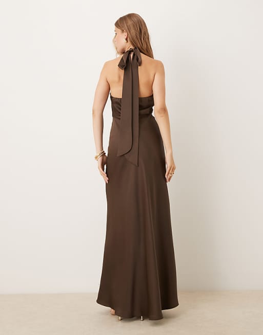 Asos Six Stories Twist Front Satin Maxi Dress In Chocolate