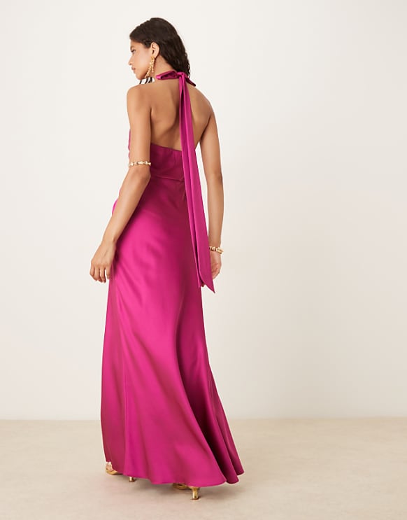 Asos Six Stories Twist Front Satin Maxi Dress In Fuchsia