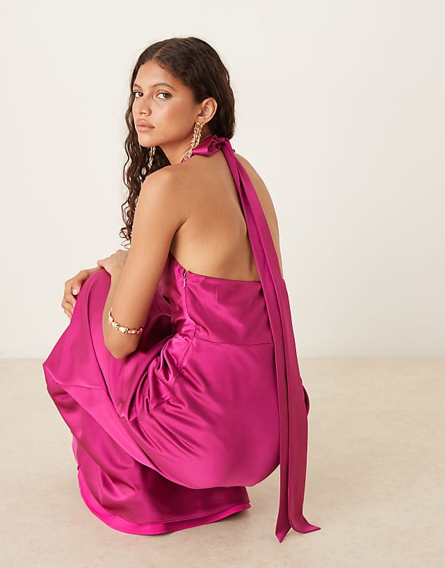 Asos Six Stories Twist Front Satin Maxi Dress In Fuchsia