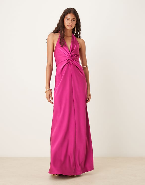asos Six Stories twist front satin maxi dress in fuchsia