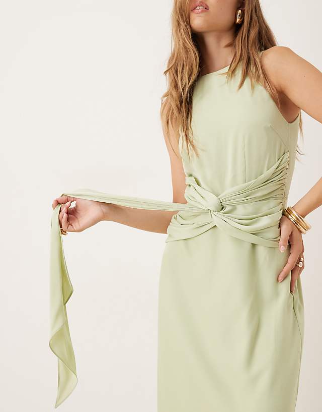 Asos Six Stories Twist Front Satin Maxi Dress In Sage Olive