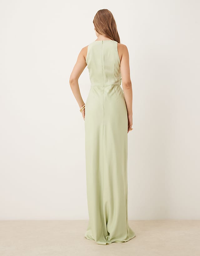 Asos Six Stories Twist Front Satin Maxi Dress In Sage Olive