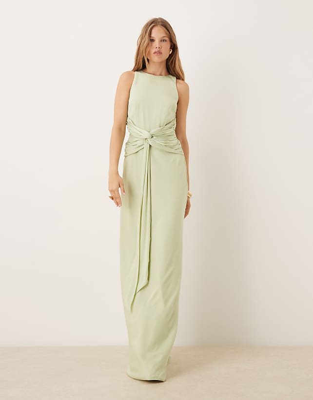 asos Six Stories twist front satin maxi dress in sage olive
