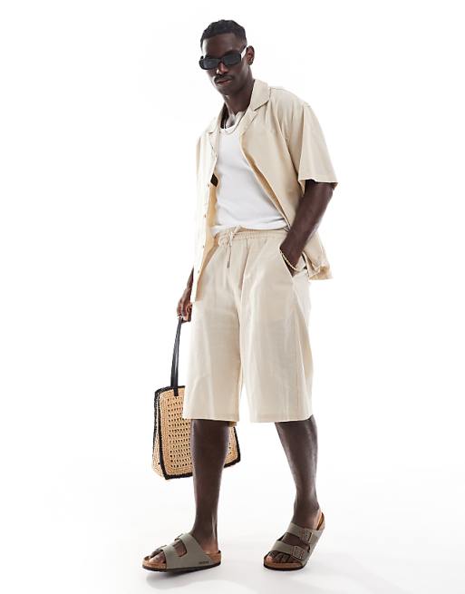 Asos Sixth June Short Sleeve Oversized Linen Shirt Co-ord In Beige