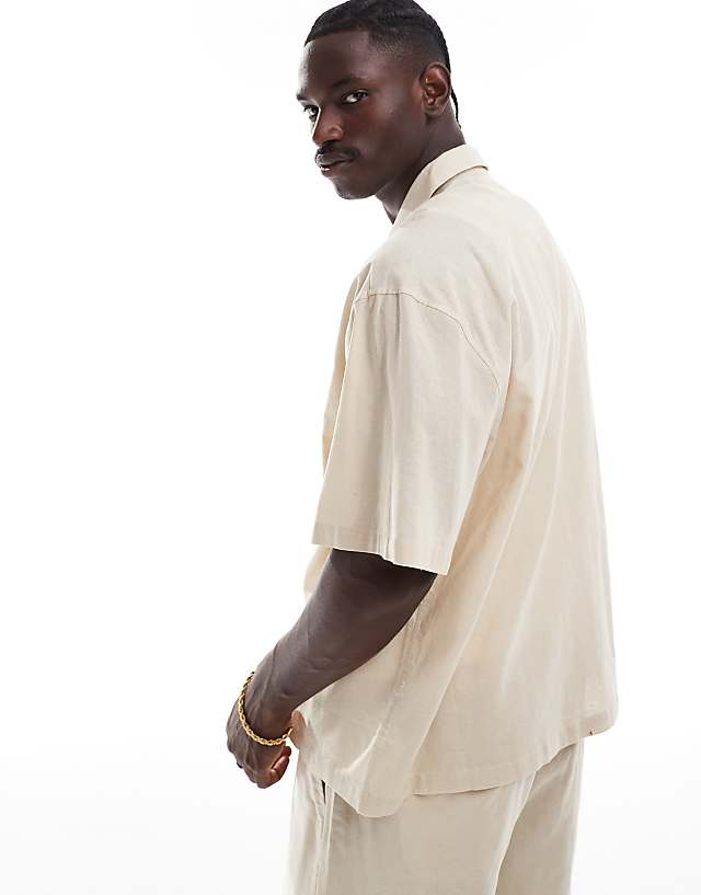 Asos Sixth June Short Sleeve Oversized Linen Shirt Co-ord In Beige