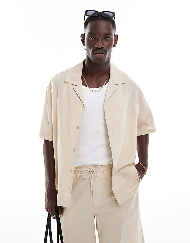 asos Sixth June short sleeve oversized linen shirt co-ord in beige
