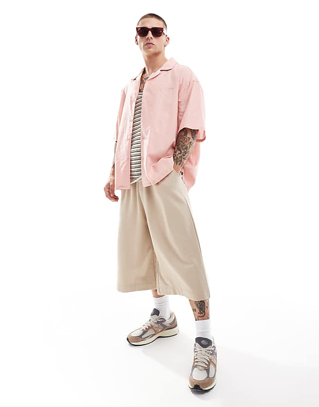 Asos Sixth June Short Sleeve Oversized Linen Shirt In Pink