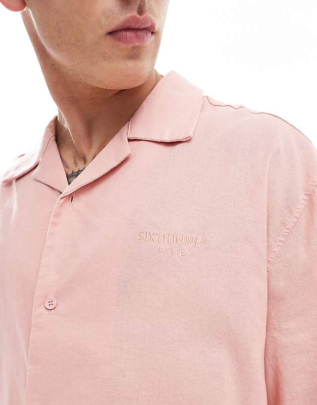 Asos Sixth June Short Sleeve Oversized Linen Shirt In Pink