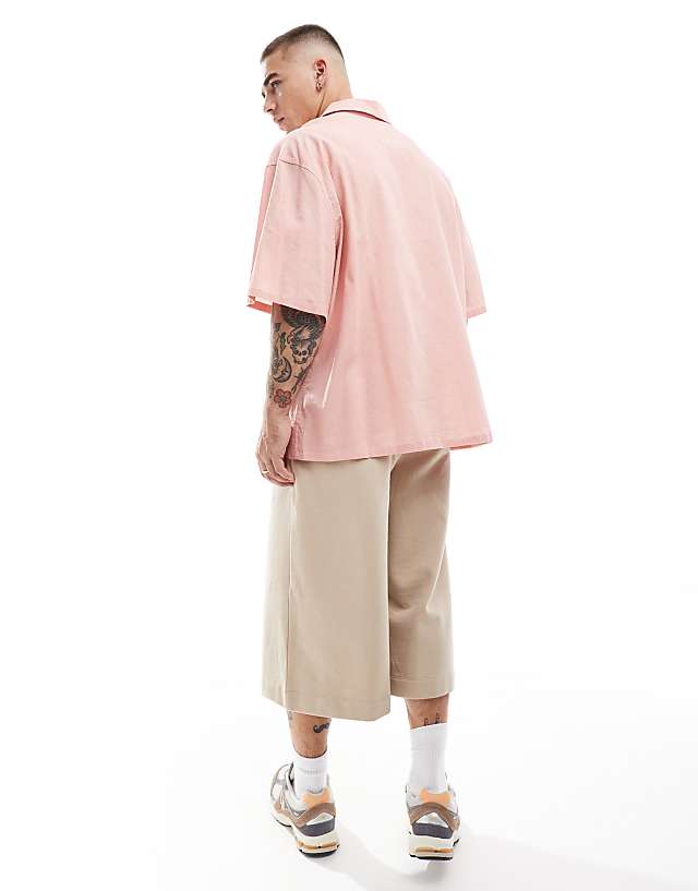 Asos Sixth June Short Sleeve Oversized Linen Shirt In Pink