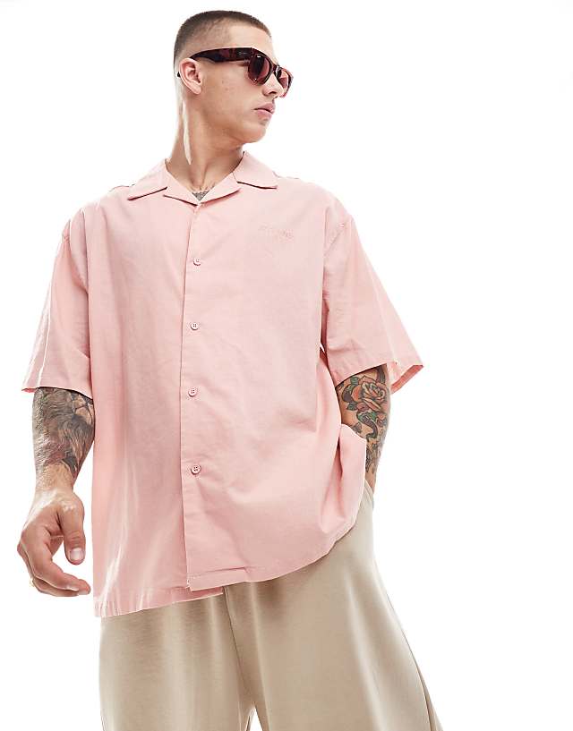 asos Sixth June short sleeve oversized linen shirt in pink