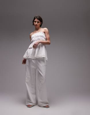 Asos SNDYS Linen Blend Flower Applique Ruched Bandeau Top & Wide Leg Trousers Co-ord In White