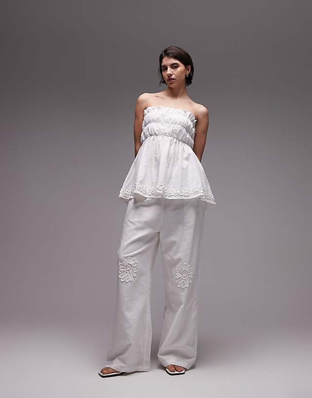asos SNDYS linen blend flower applique ruched bandeau top & wide leg trousers co-ord in white