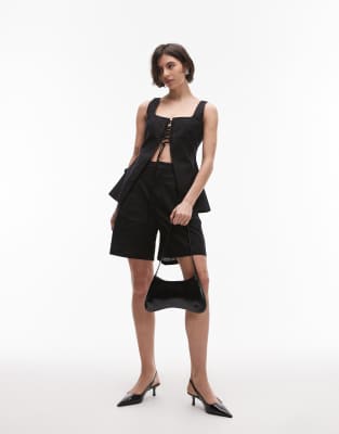 Asos SNDYS Linen Blend Square Neck Lace Up Front Top & Longline Shorts Co-ord In Black