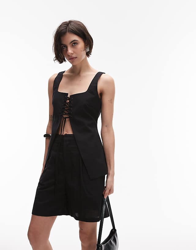 asos SNDYS linen blend square neck lace up front top & longline shorts co-ord in black