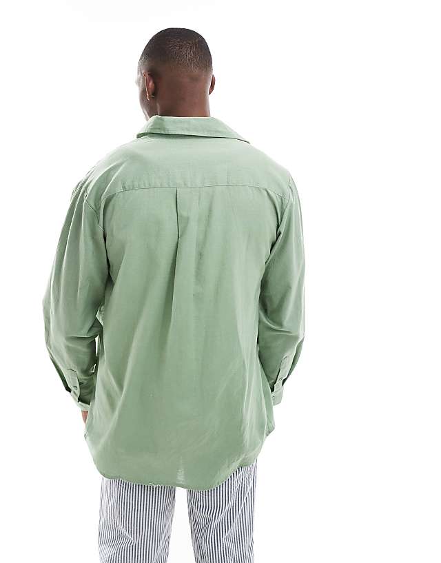 Asos Sol Beach Linen Long Sleeve Beach Shirt In Olive