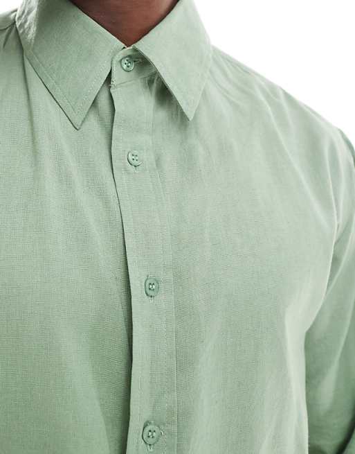 Asos Sol Beach Linen Long Sleeve Beach Shirt In Olive