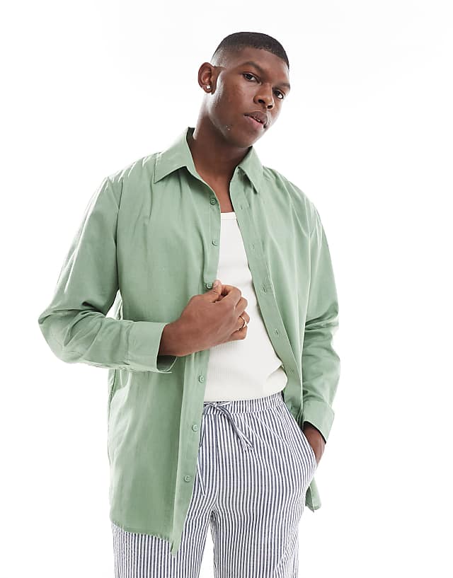 asos Sol Beach linen long sleeve beach shirt in olive