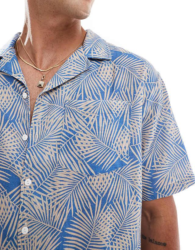 Asos Sol Beach Palm Print Linen Beach Shirt In Light Blue