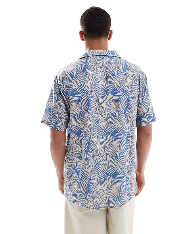 Asos Sol Beach Palm Print Linen Beach Shirt In Light Blue